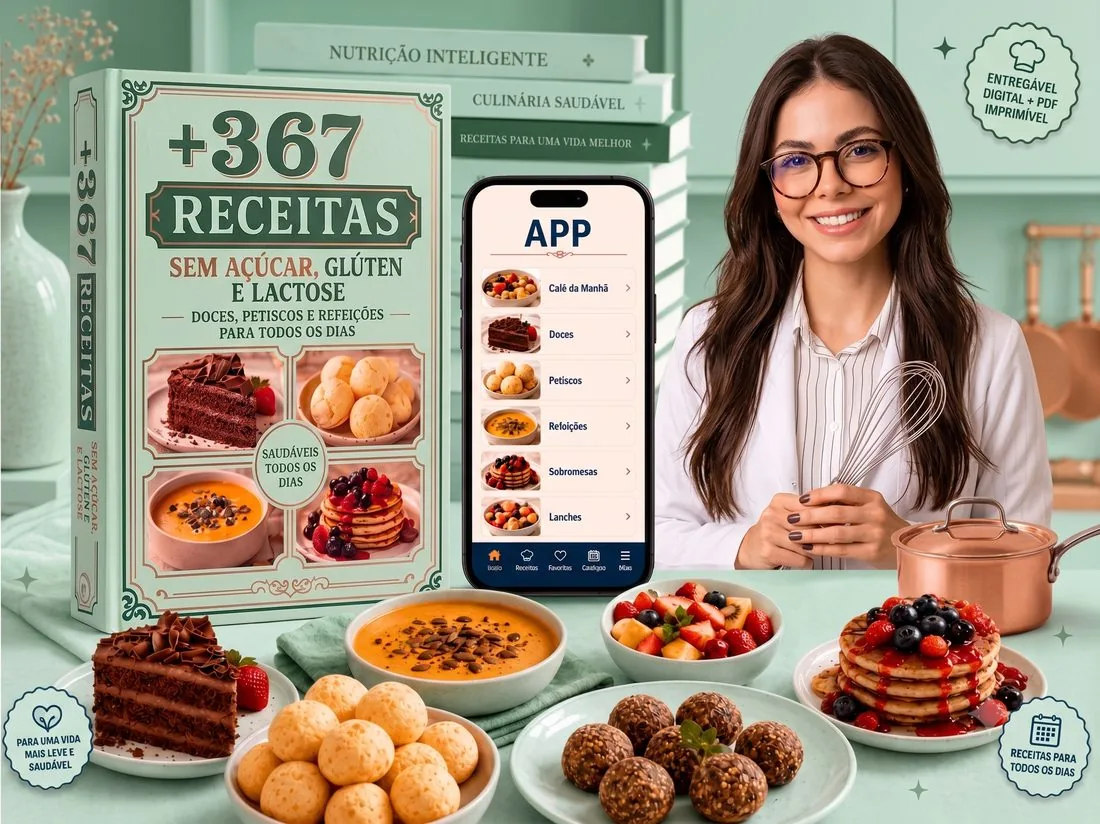 Livro +365 Receitas, app de receitas no celular e Chef Luana preparando pratos sem açúcar, glúten e lactose