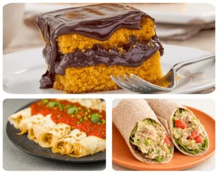 Bolo de cenoura, panqueca salgada e wrap saudável