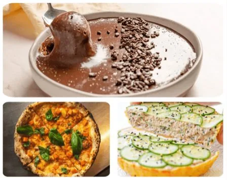Mousse de chocolate, pizza e sanduíche natural