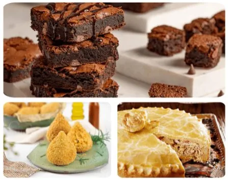 Brownie, coxinha e torta salgada