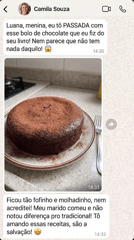 Depoimento de Camila Souza no WhatsApp sobre o bolo de chocolate