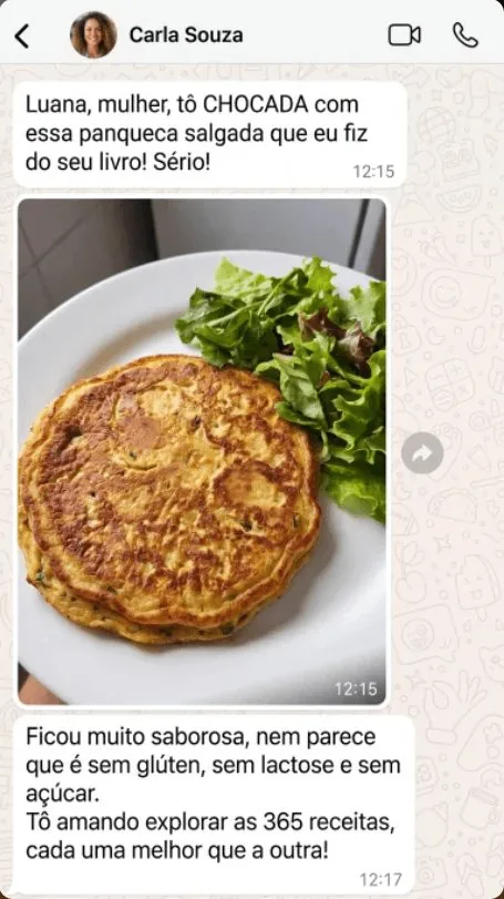 Depoimento de Carla Souza no WhatsApp sobre a panqueca salgada