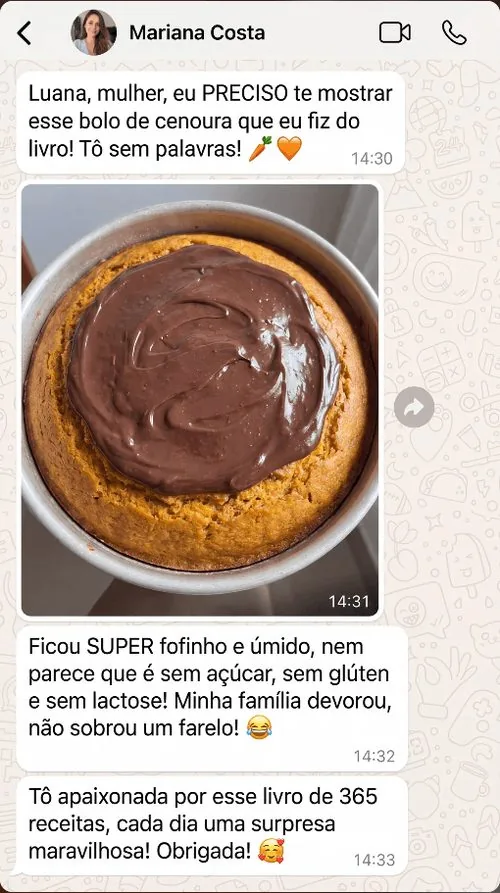 Depoimento de Mariana Costa no WhatsApp sobre o bolo de cenoura